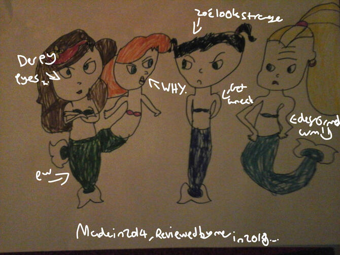 sorry for the text around this drawing. this is the only pic i have of this one... the dark blue mermaid is an oc