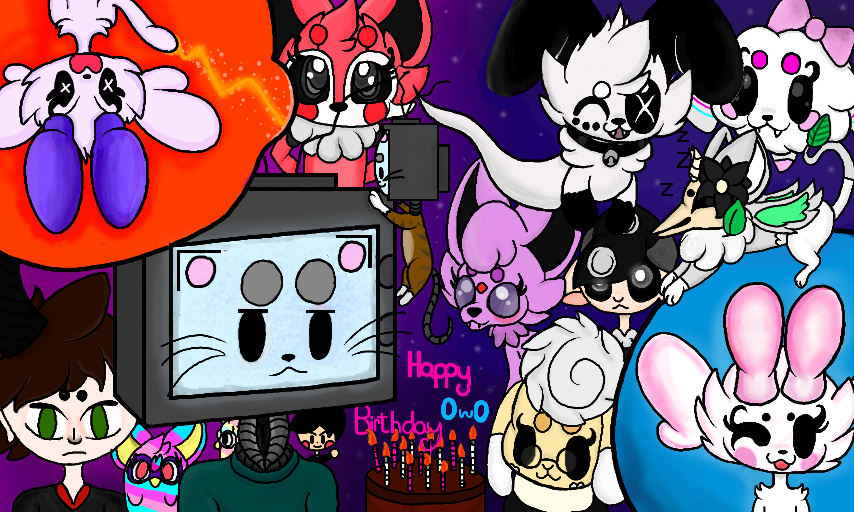 character(s) from left to right: aty, kinzoku, tomoaki, puffle, jacob, maiko, momo, kitso, keke, athena, clyde, kaeru, toki, haru fanart, made by aquastar13